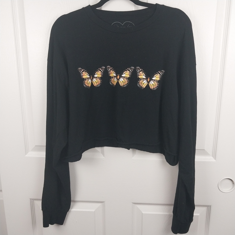 Obsessive Love Women's 2XL Black Cropped Butterfly Graphic Cotton Sweater